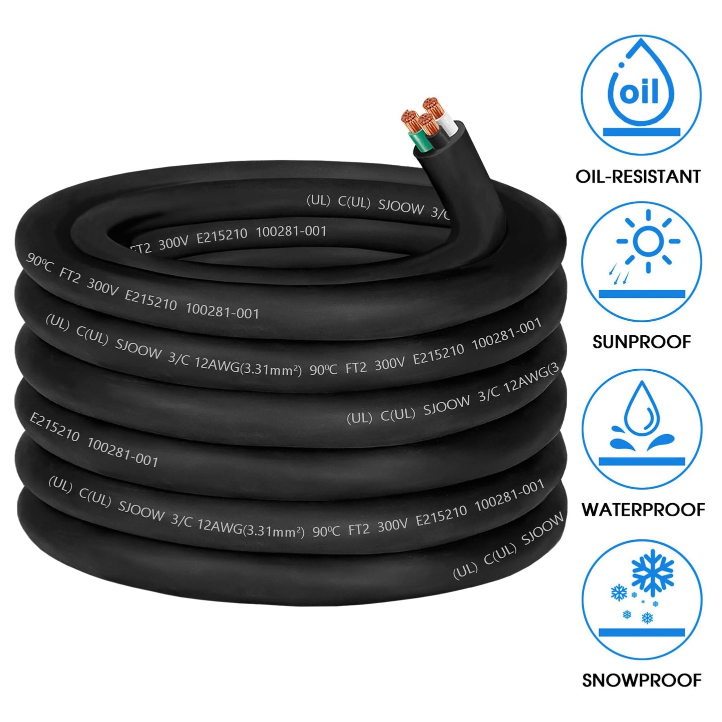 12/3 Wire 12 Gauge SJOOW Wire 12AWG SJOOW Cable Cord Portable Power Cable 12 Gauge 3 Conductor Cord for 20 AMP EV Battery Charger,Portable Light LED,RV Outlet Lead,Garage,Powering Tool Machinery-50ft