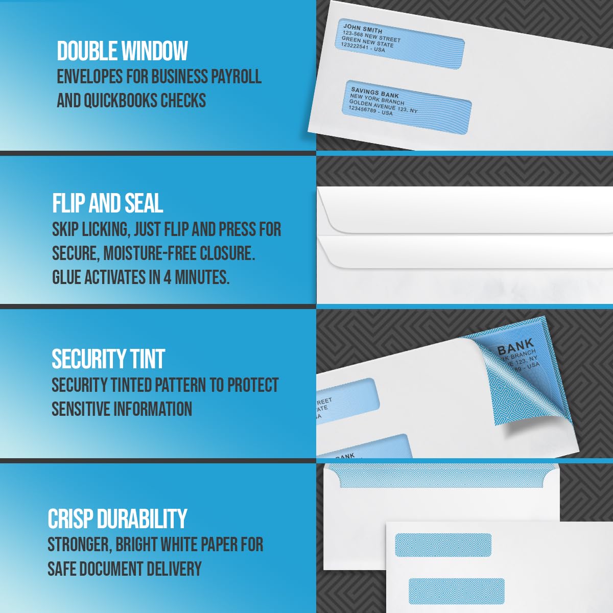 Compuchecks Double Window Envelopes #10- Flip and Seal Flap, Security Business Mailing Envelopes - Tamper Evident, Security Tint - 500 Count – For Invoices and Legal Documents