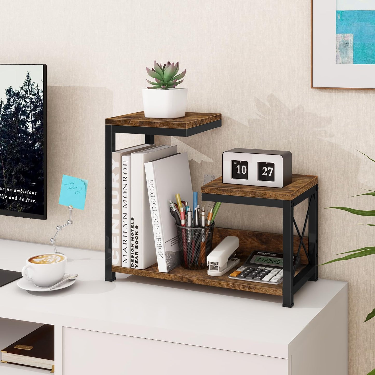 ELITEROO Desktop Shelf Organizer, 3 Tier Office Shelves, Wood Desk Organizers Storage Rack and Freestanding Display Shelf for Office, Dormitory, Home, Rustic Brown