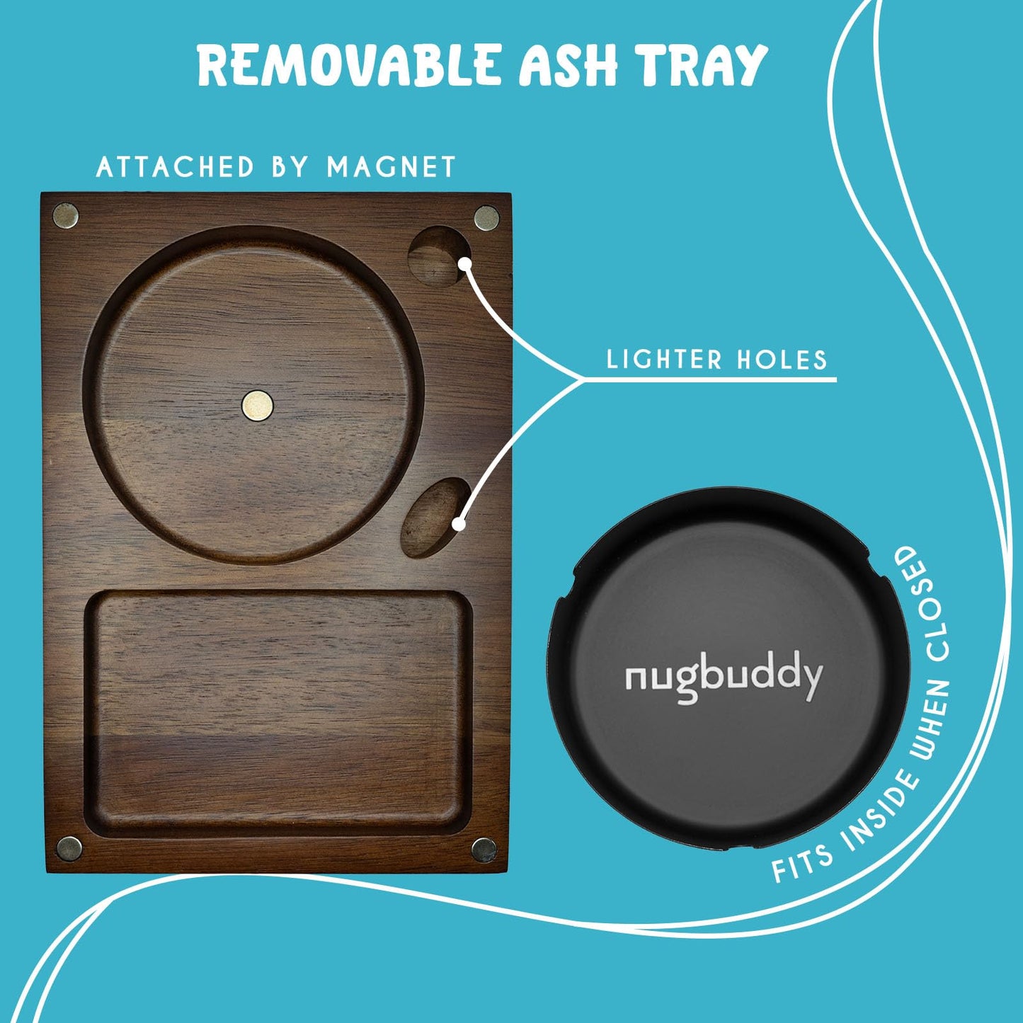 Nugbuddy Wooden Rolling Tray | 3 in 1 Folding Design Set w Magnetic Lid | Big & Small Trays + Removable Metal Tray | Portable Accessory Kit for Car Travel & Home | Premium Acacia Wood