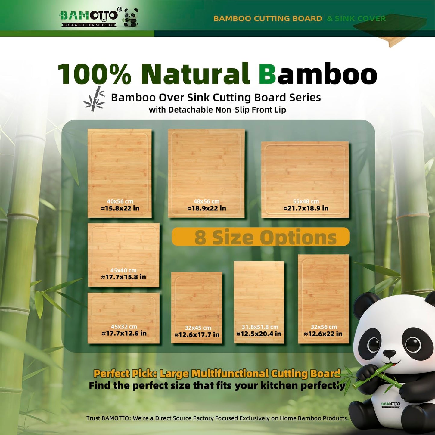 BAMOTTO CRAFTBAMBOO 15.8x22 Inch Large Bamboo Cutting Board, Reversible with Juice Grooves & Detachable Lip, Stovetop Cover and Sink Cover Board for Kitchen Counter
