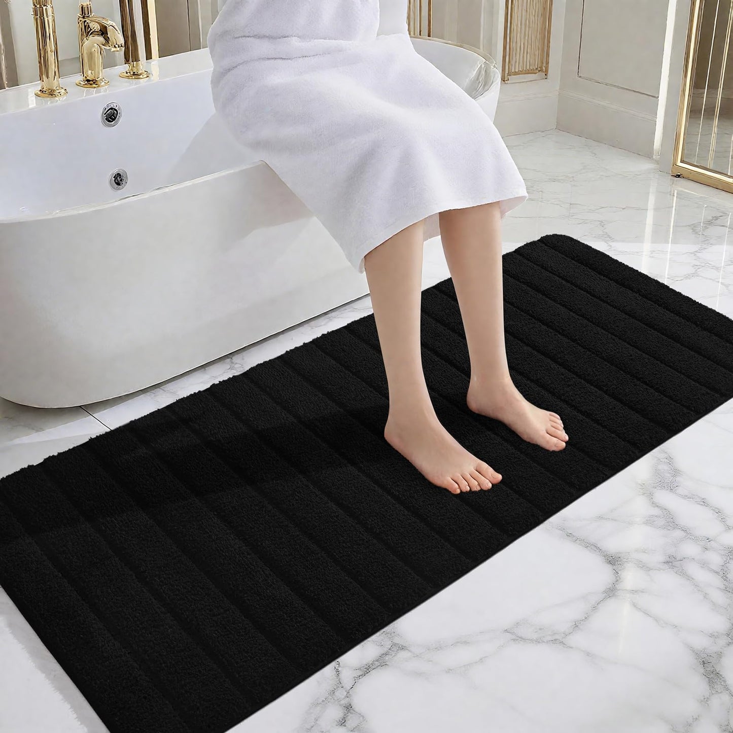 AROGAN Luxury Long Bathroom Runner Rugs, Thick Soft and Absorbent Microfiber Non Slip Bath Mat, Rubber Backing Striped Rug Carpets, Machine Washable Plush Mats for Bathroom Floor, 24x60 Inch Black