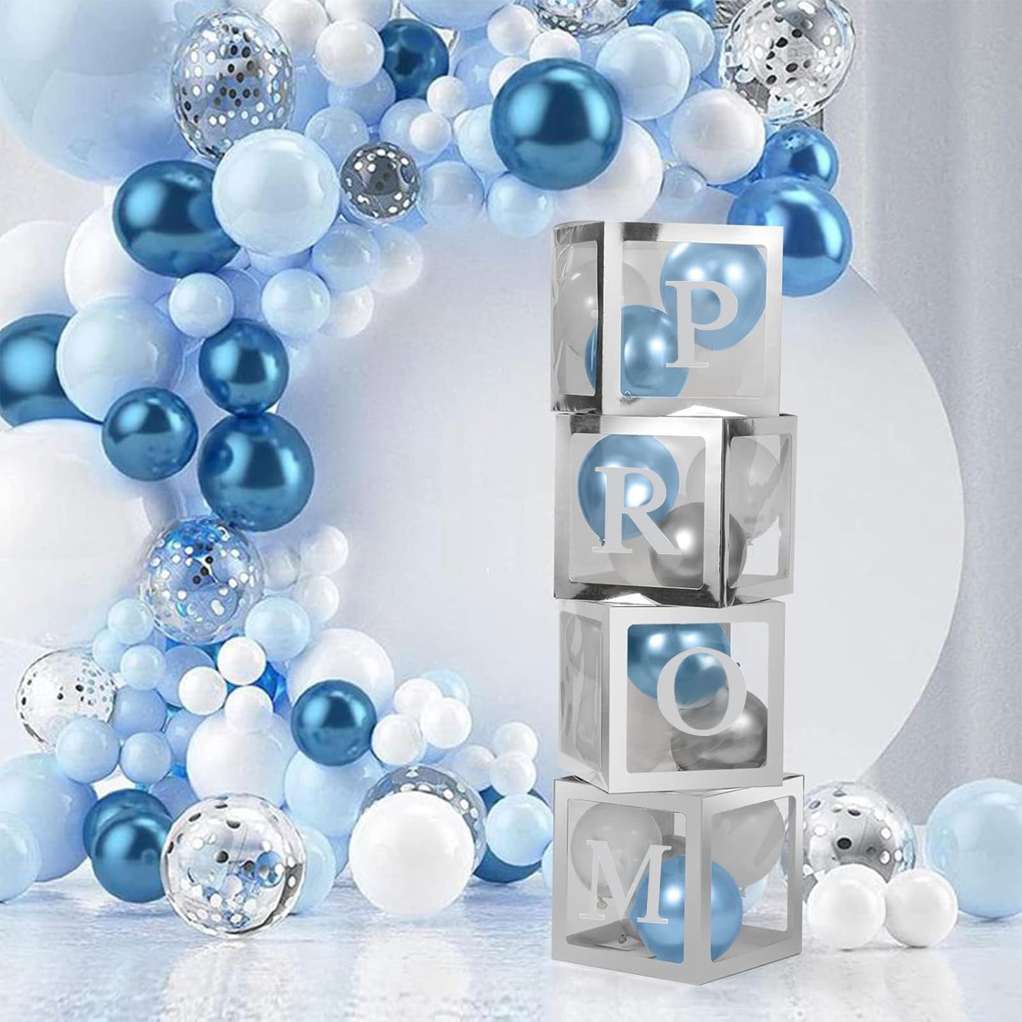 4 Pcs Prom Boxes with Letters 11.8 x 11.8 x 11.8 Inch Clear Prom Balloon Boxes Sliver for Prom Decorations 2026