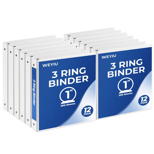 1 inch 3 Ring Binder, 1" Round Ring Binders with 2 Interior Pockets, Basic Binders 1 in, Clear View Cover 1-inch-Binder Holds 8.5'' x 11''Paper for Office/Home/Back to School（12Pack, White