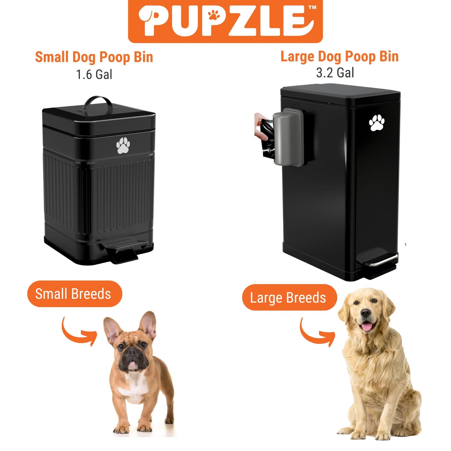 Pupzle Small Dog Poop Trash Can Outside, 1.3 Gal Metal Dog Waste Trash Can, Small Poop Bucket Outdoor with Lid, Poo Container Bin Waterproof Backyard Odor Control, 30 Bags (Black)