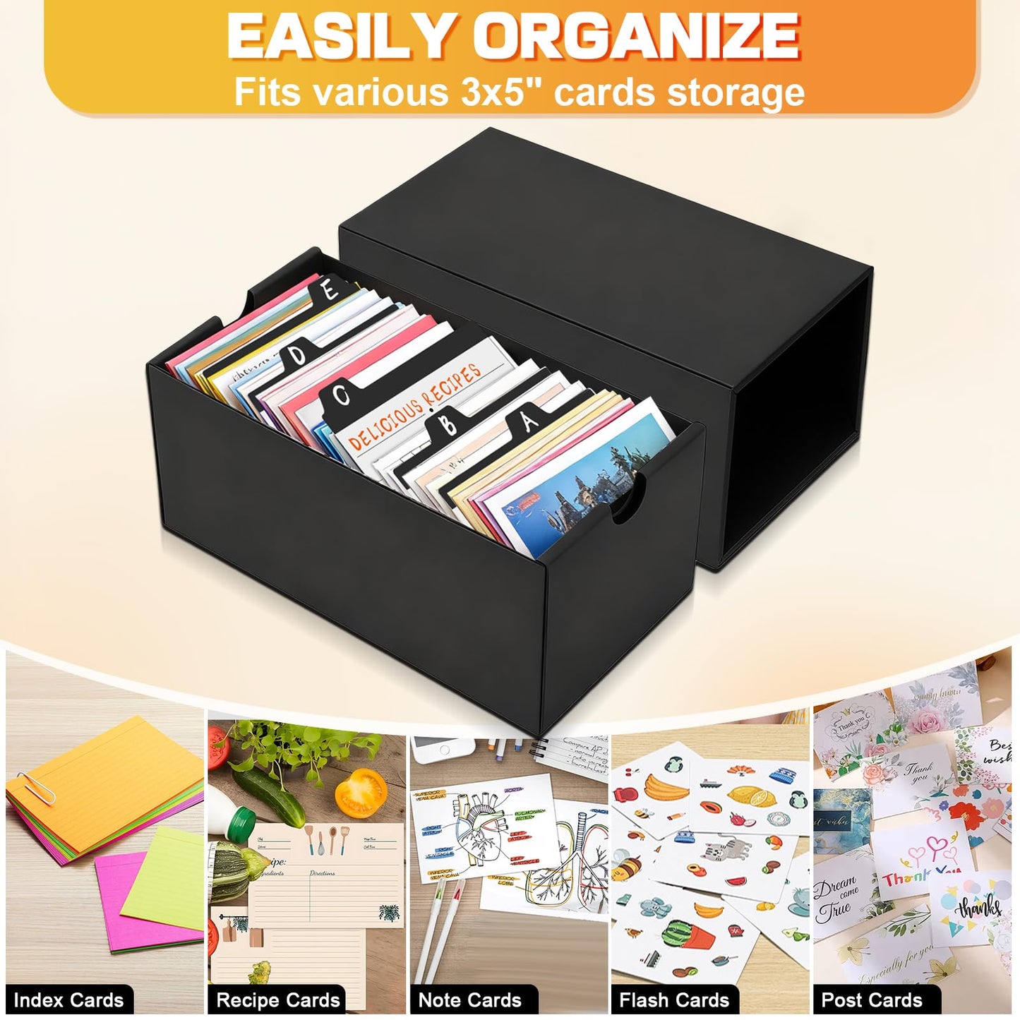 aopule 8Packs 3x5 Index Card Box,Index Card Organizer Box with Lid,Hold 8000 Cards,Black Recipe Holder for 3''x5'' Notecard Recipe Flashcard Card