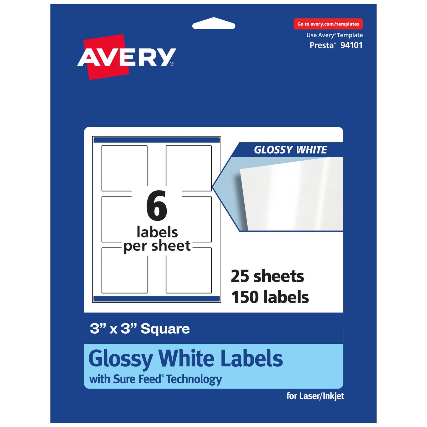 Avery Square Labels, Sure Feed Technology, 3" x 3", 150 Glossy White Labels (36482)