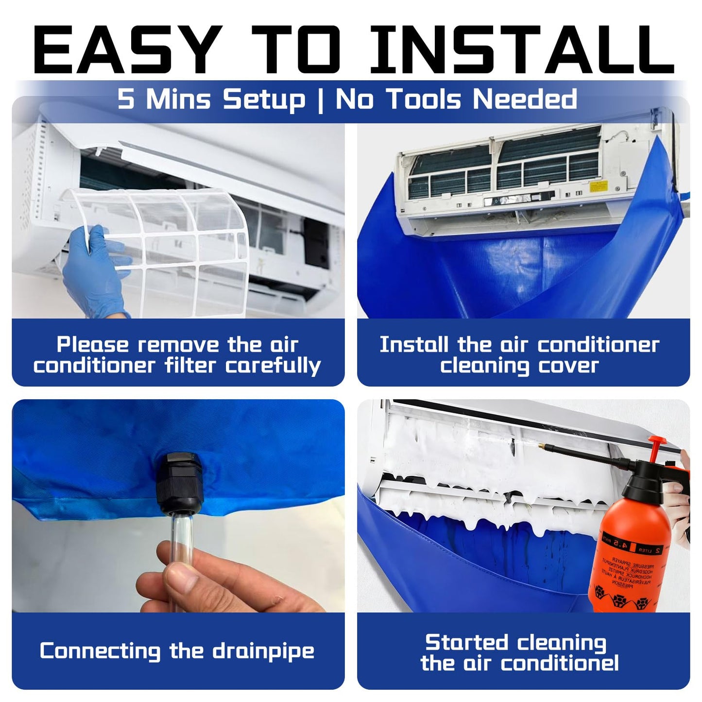 13psc Large Mini Split Cleaning Kit Bag for Home Air Conditioner - Includes Waterproof Cleaning Bag, Vent Brush & Tools for Wall Mounted/Ductless AC Units | Fits Small to Large Split Systems.