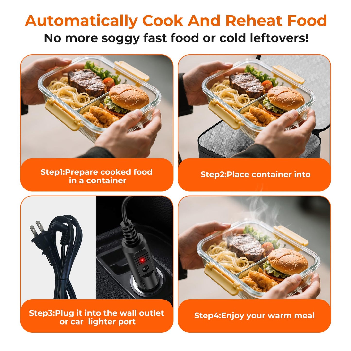 AICPAN Portable Electric Lunch Box Food Heater,12V/24V/110V 3-in-1 Food Warmer Box, Mini Portable Oven Car Food Warmer, Heated Lunch Bag for Adults Office Travel Work Truck Meal Reheating