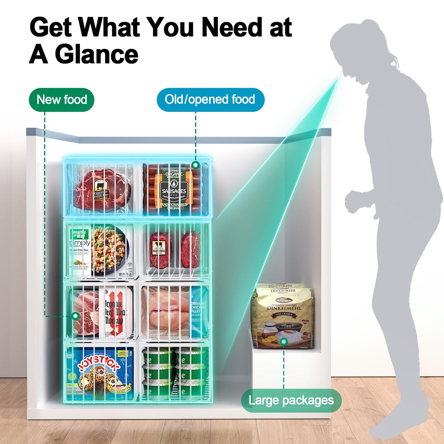 MSERCUOR Freezer Organizer Bins, 4 Pack Stackable Deep Chest Freezer Organizer Bins, Foldable Baskets with Handles, White Storage Container Baskets for 5/ 7 Cu.FT Sort Frezen Meats