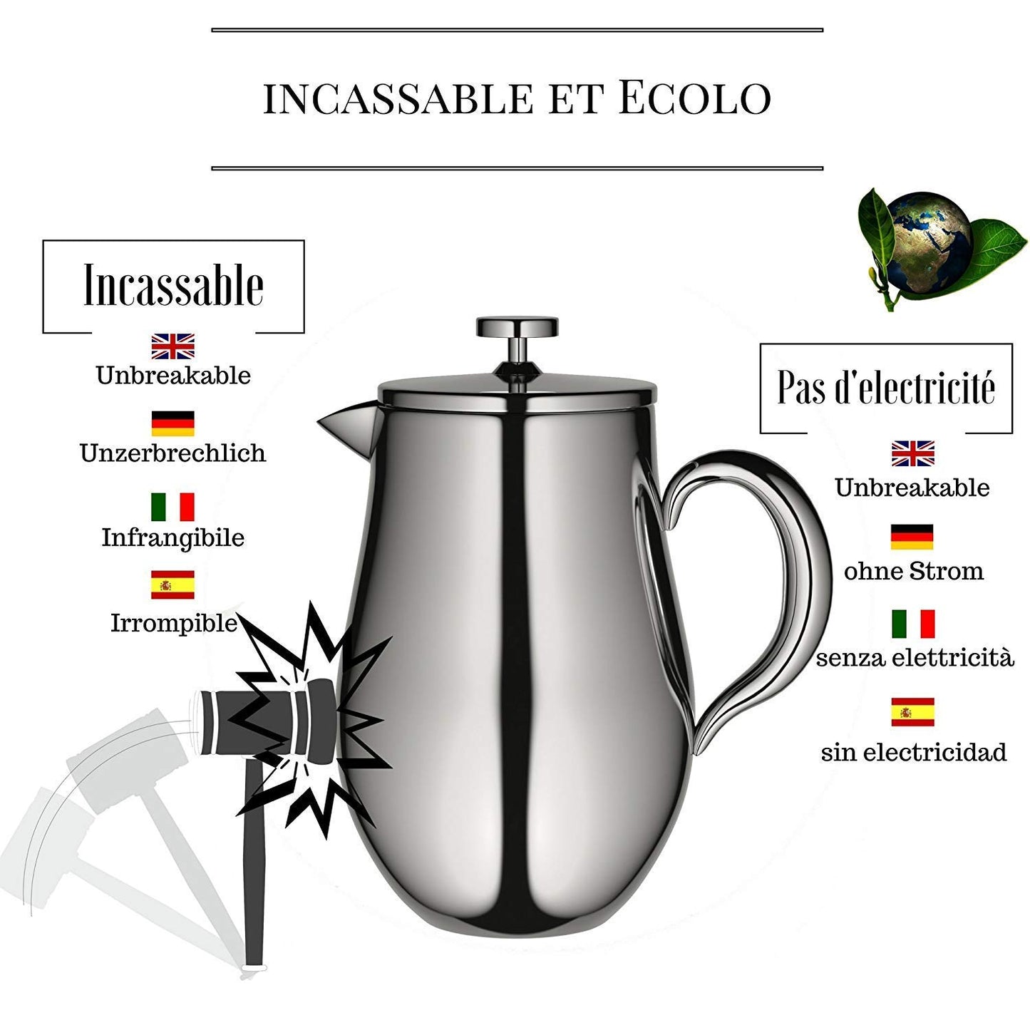 VeoHome - 1 Litre piston coffee maker - Unbreakable and keeps coffee hot for a long time thanks to its double stainless steel shell…