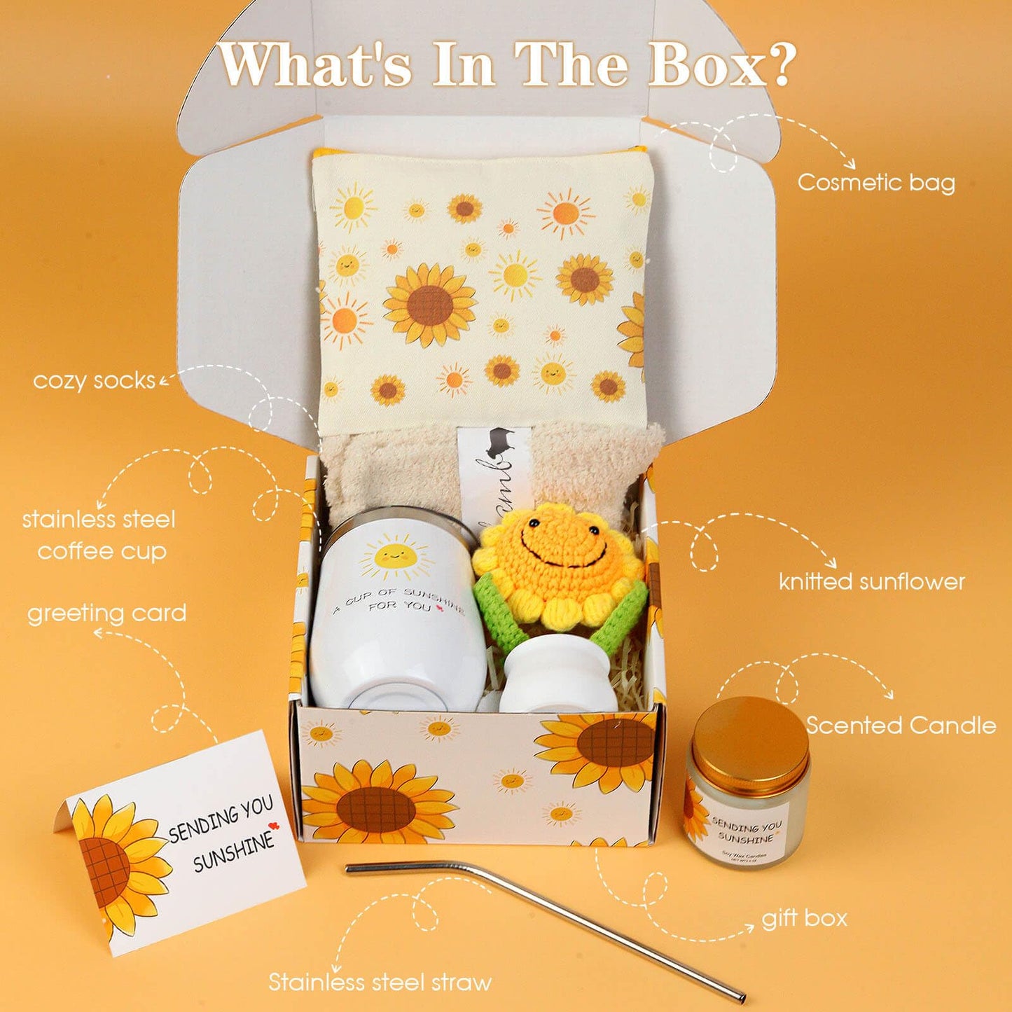Sunflower Gifts Baskets for Women-7 Pcs Unique Birthday Gift for Sister, Fun Get Well Basket after Surgery for Female, Self Care Package for Teen girl, Cheer Up Set, Feel Better Sunshine Box