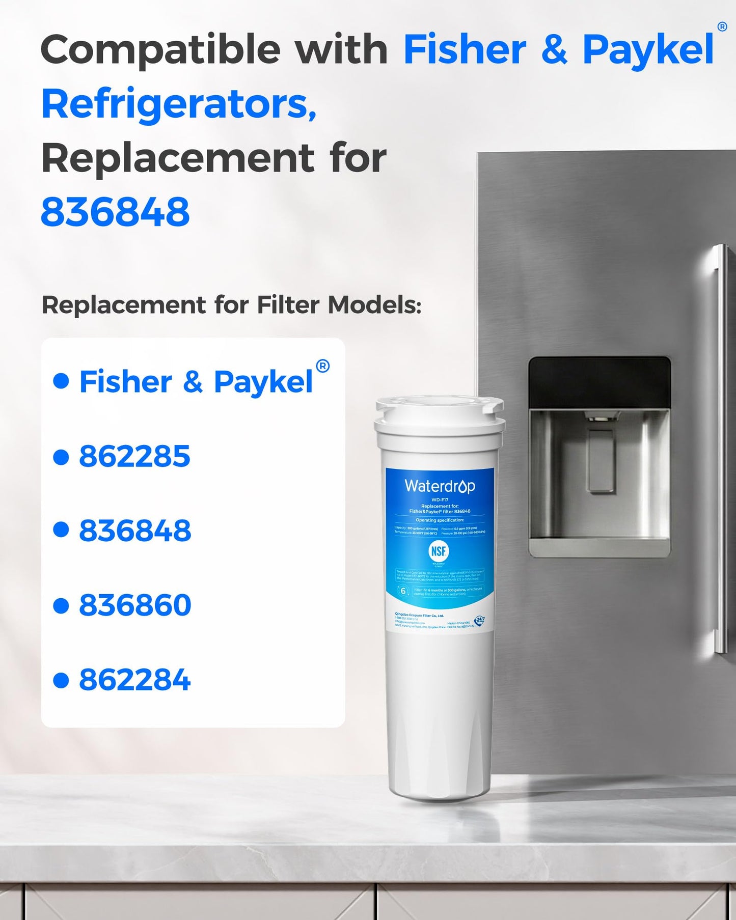 Waterdrop 836848 Replacement for Fisher & Paykel® 836860, 862285, 862284, E402, E442B, E522B, RO185014, RO185011, Refrigerator Water Filter, Pack of 3