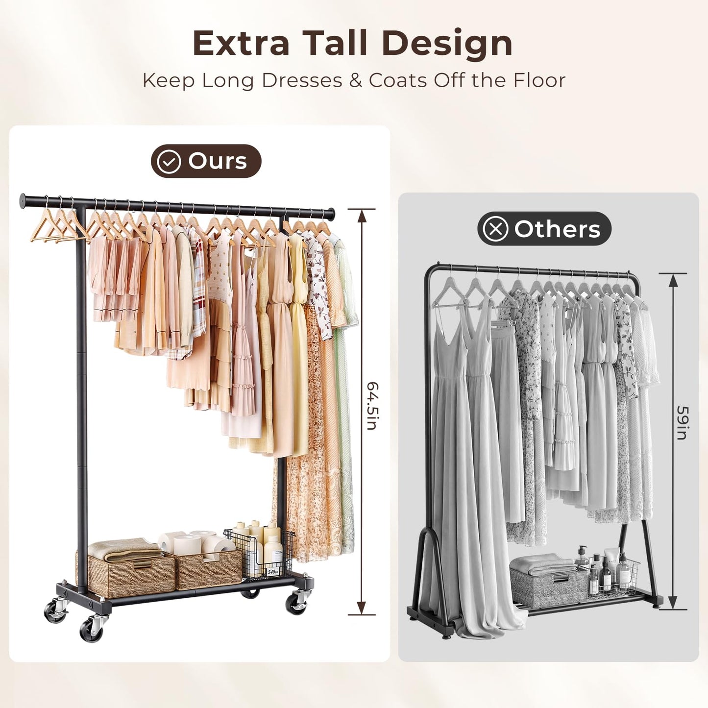 JIEJIERUI Clothing Rack for Hanging Clothes, 45" Wide Rolling Clothes Rack, Metal Garment Hanger Rack with Wheels, Portable Coat Rack Wardrobe Rack for Bedroom Laundry, Black
