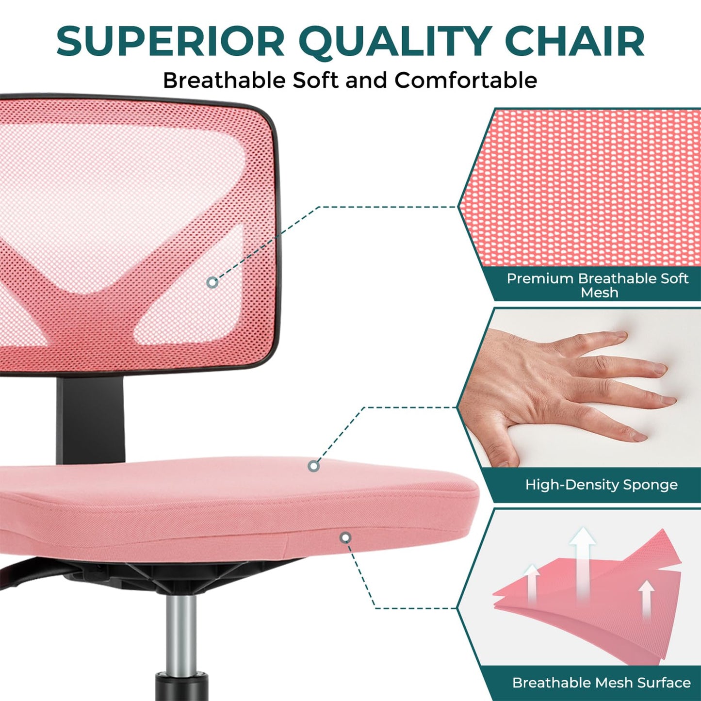 DUMOS Small Office Chair Armless, Ergonomic Adjustable Home Office Swivel Rolling Task Chair No Arms, Comfy Mesh Mid Back Computer Work Vanity Desk Chiars with Wheels for Small Spaces, Hot Pink
