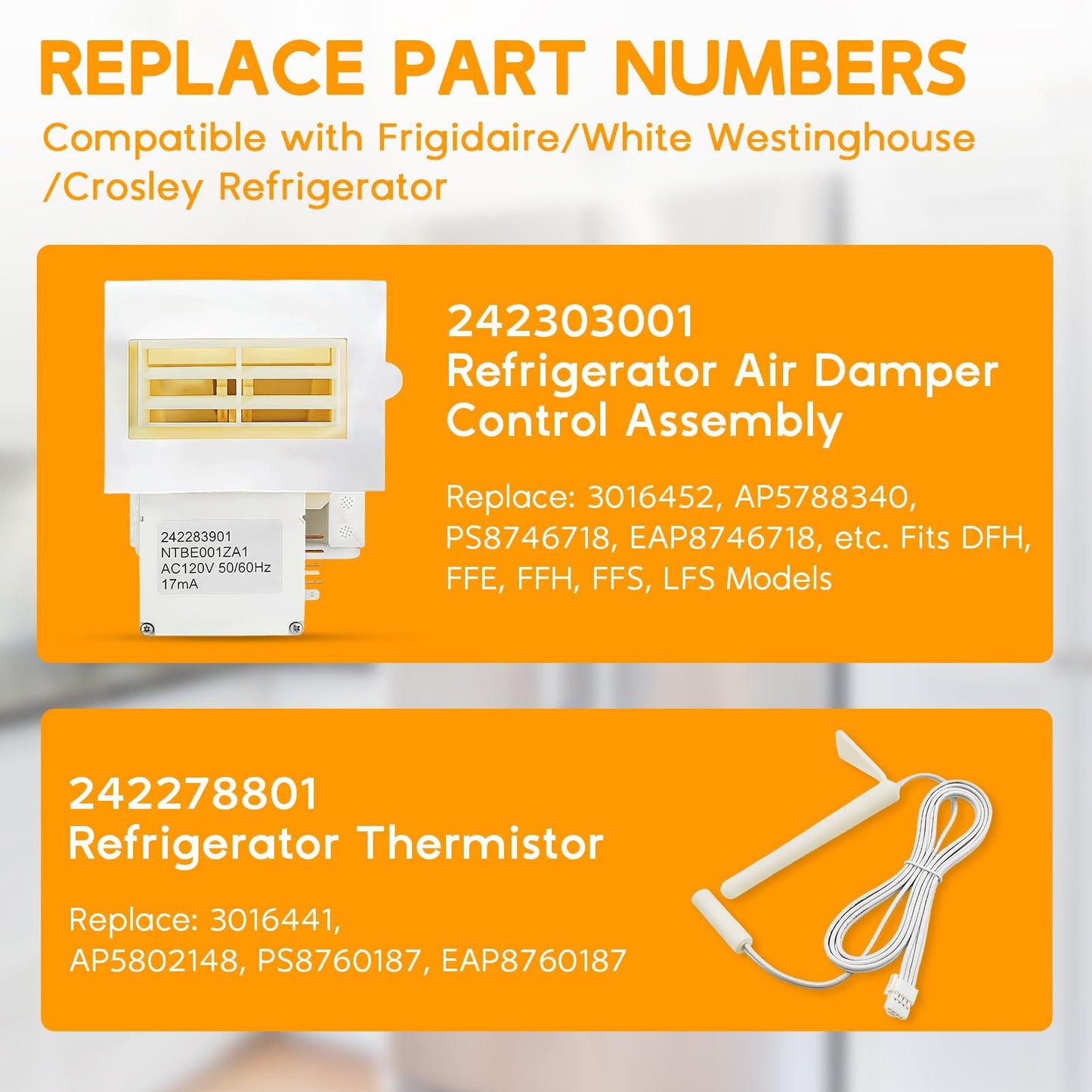 Upgraded 242303001 Air Damper Control Assembly and 242278801 Refrigerator Thermistor Compatible with Frigidaire, Crosley, White, Refrigerator Damper Assembly replaces 3016452 AP5788340 PS8746718