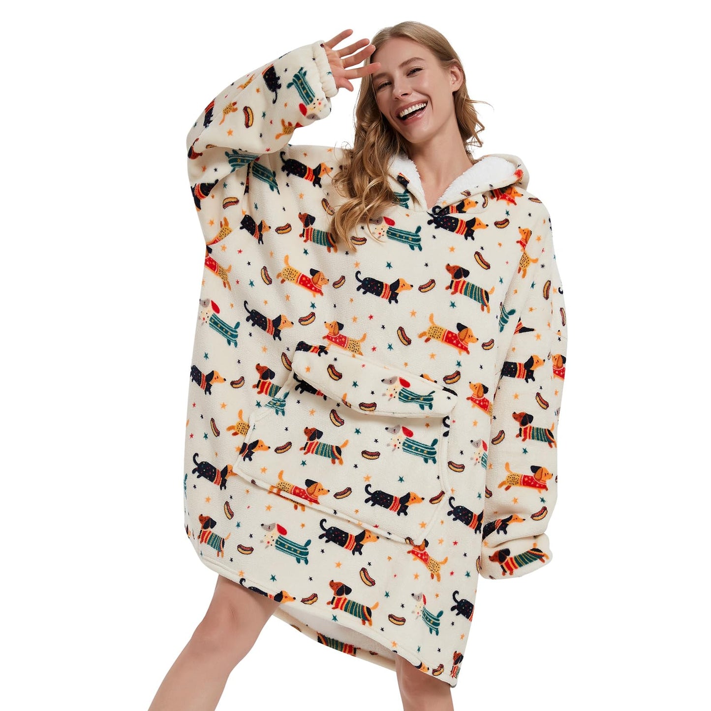 Mewkou Wearable Blanket Hoodie for Adult,Oversized Sherpa Fleece Blanket Hoodie for Women Men,Dachshund