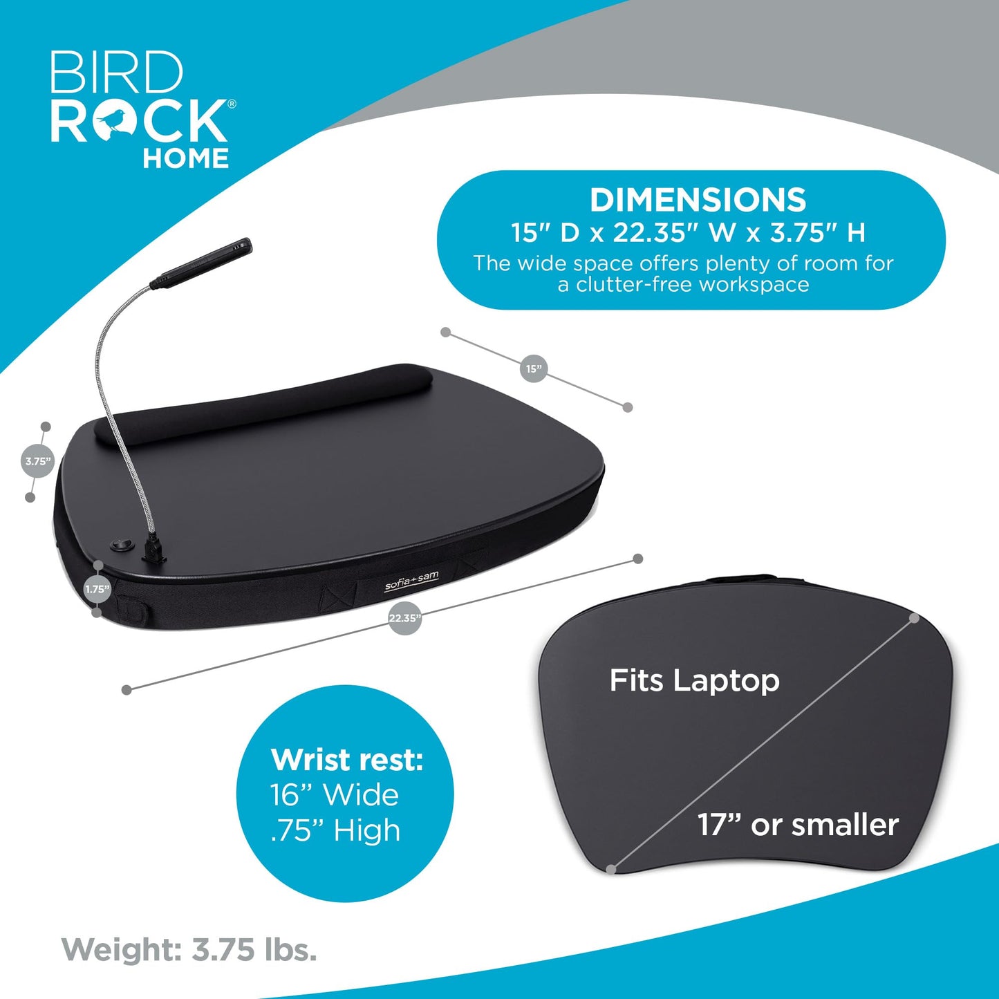 BIRDROCK HOME Oversized Lap Desk with Memory Foam Cushion - Portable w/USB Light & Wrist Rest, Ideal for Work from Home, Students & Gaming, Ergonomic Design for Comfort - Matte Black