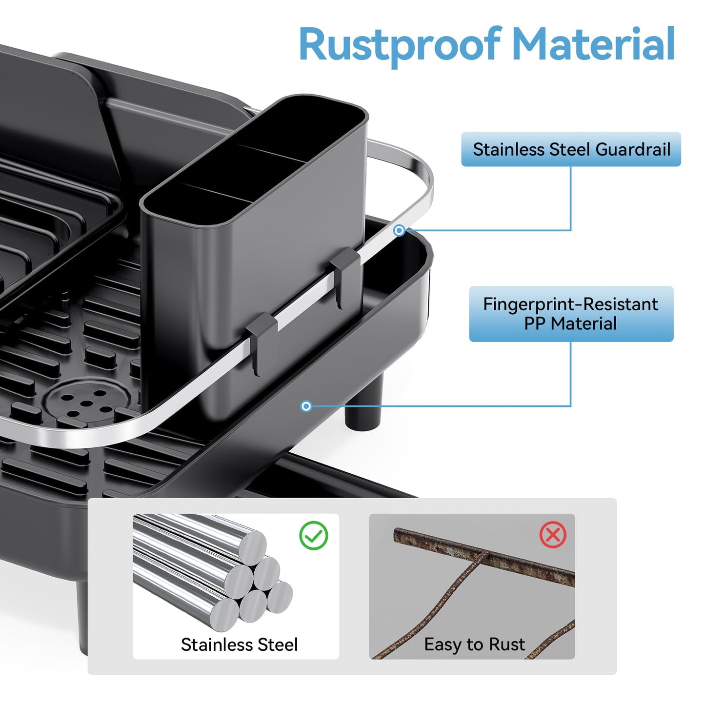 Urackify Dish Drying Rack for Kitchen Counter, Expandable Stainless Steel Dish Racks with Adjustable Water Spout, Space Saving Dish Drainer with Cutlery Holder,16.14"-23.62" L x 12.99" x 8.78",Black