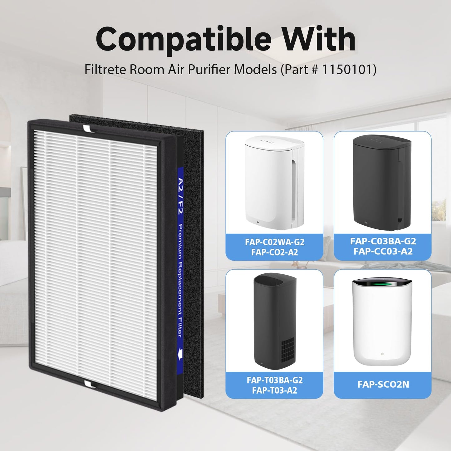 4 Pack A2 F2 True HEPA Replacement Filter Compatible with 3M Filtrete Room Purifier Models FAP-C02-A2, FAP-C03-A2, FAP-T03-A2, FAP-C02WA-G2, FAP-C03BA-G2, FAP-T03BA-G2, FAP-SC02N, Part # 1150101