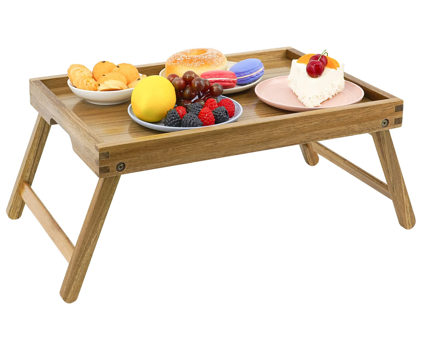 VaeFae Acacia Bed Table Tray, Wooden Breakfast Tray with Folding Legs, Bed Tray for Eating and Laptop, Eating Trays for Bedroom (Large Size)