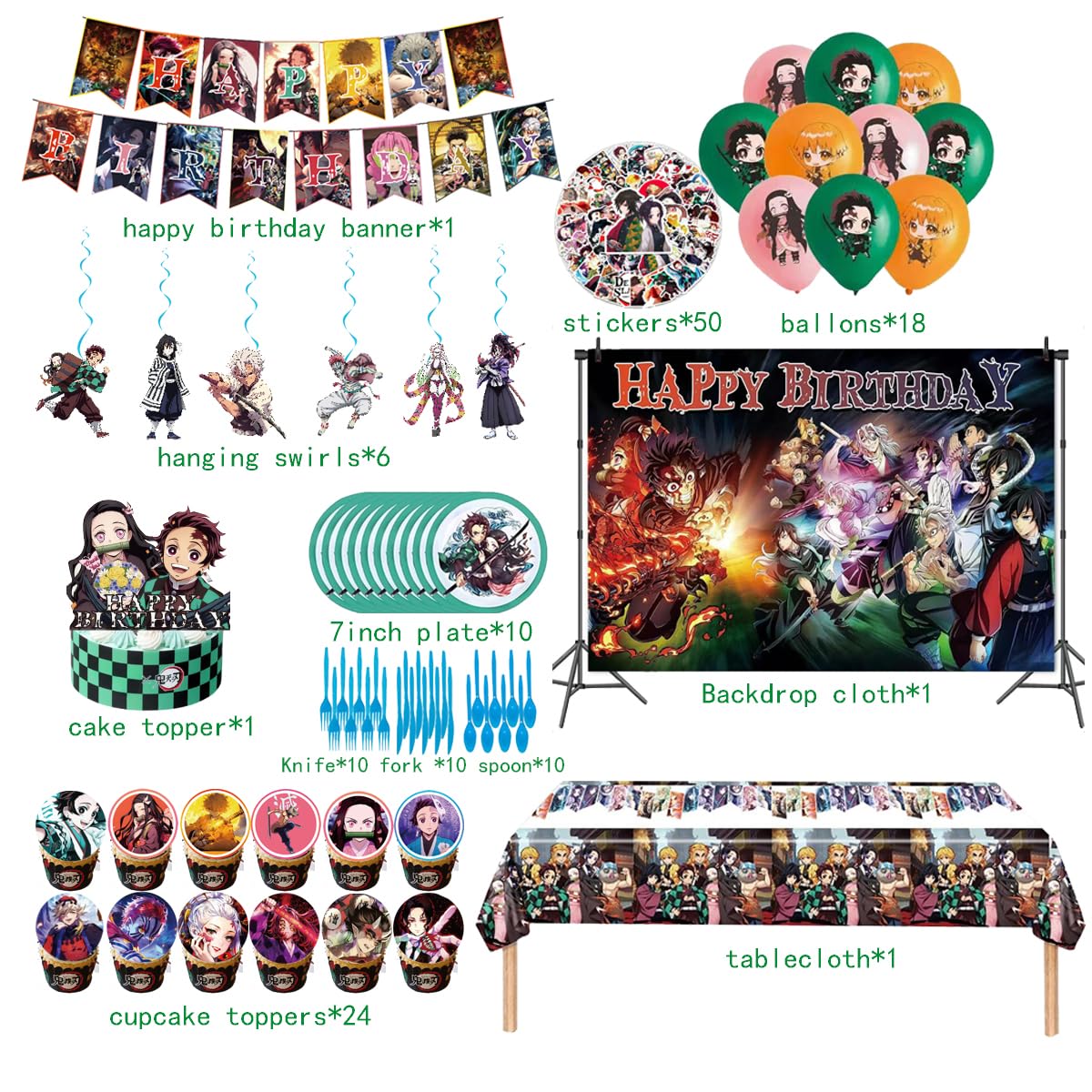 132Pcs Demon-themed birthday party decorations and party supplies,cake toppers, spiral hangings, dinner plates, tablecloths,stickers,