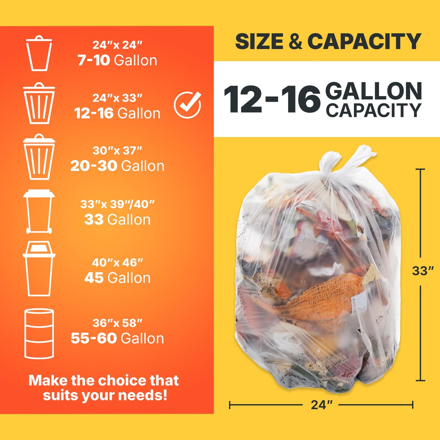 Bagtron 12-16 Gallon Trash Bags, 8 Micron High Density Garbage Can Liners Bulk, 24" x 33", Natural Clear, 1000 Count