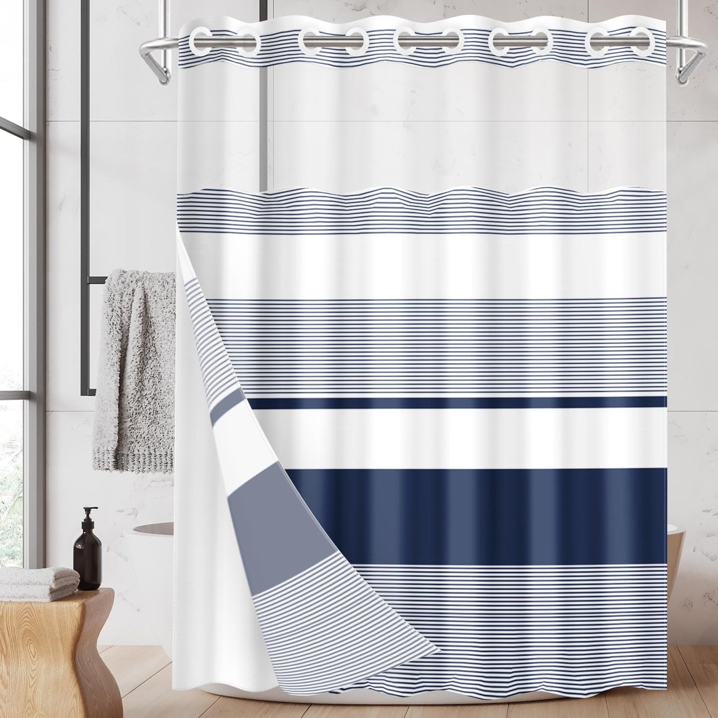 Nesphy No Hook Navy Blue Shower Curtain with Snap in Fabric Liner Set, Boho Striped Modern Double Layers Waterproof Fabric with See Through Top Window Open Grommet Bath Curtain 71x74 Inch