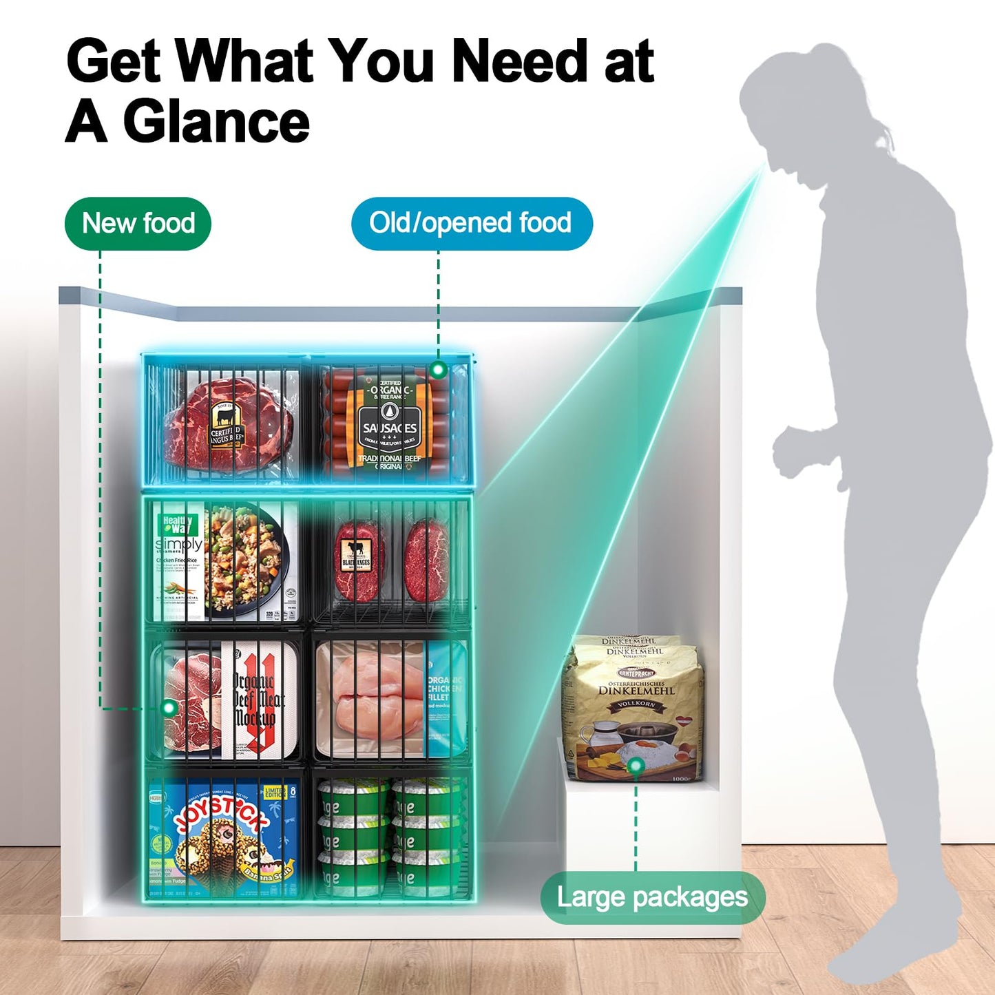 MSERCUOR Freezer Organizer Bins, 6 Pack Stackable Deep Chest Freezer Organizer Bins, Foldable Baskets with Handles, Black Storage Container Baskets for 5/ 7 Cu.FT Deep Freezer Sort Frozen Meats