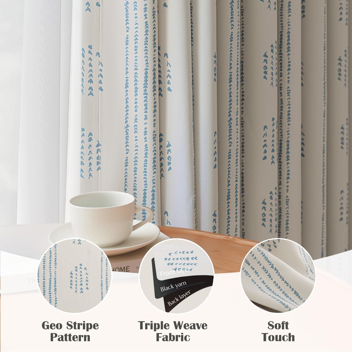 ugoutry 100% Boho Blackout Curtains 84 Inches Long for Bedroom, Blue on Beige Patterned Bohemian Curtains for Living Room, Geometric Striped Thermal Insulated Window Drapes Gromment Top 2 Panels