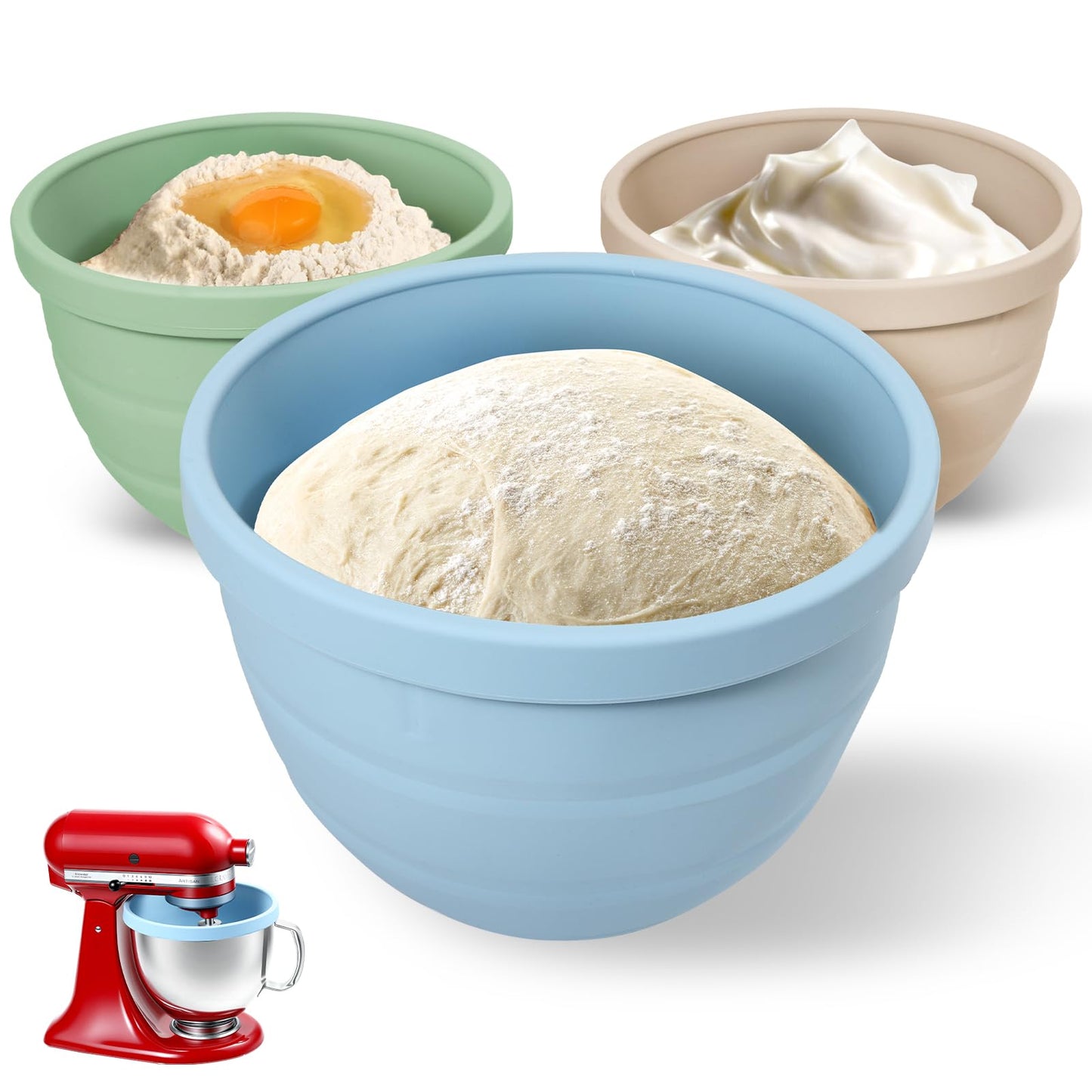 Forenee 5 Qt Collapsible Silicone Liners for KitchenAid Tilt-Head Mixers 3-Pack Bowl Insert Aid Set with Lids, No More Mixer Bowls Needed for Easy Baking