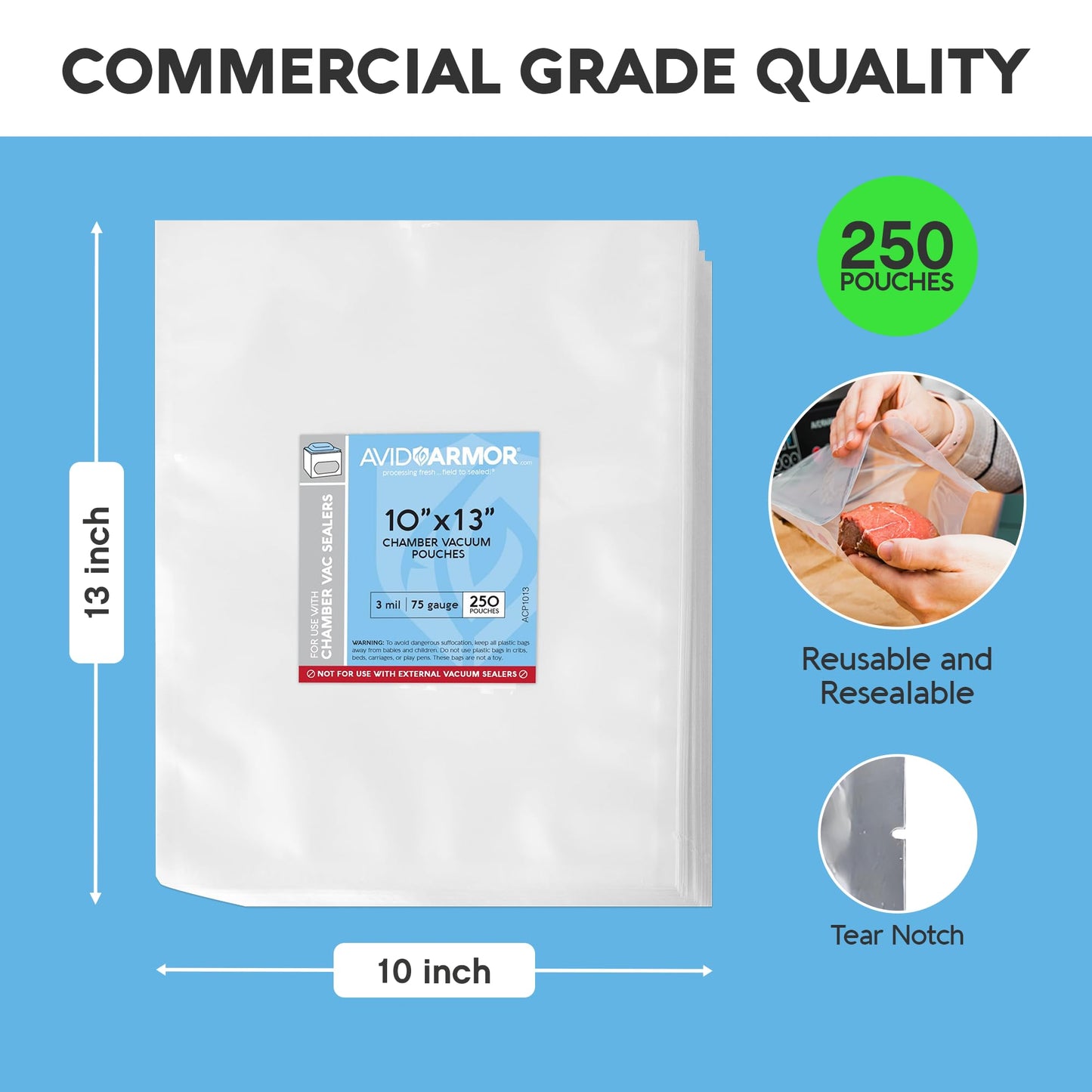 Avid Armor Chamber Vacuum Sealer Bags – Heavy Duty, BPA-Free, Pre-Cut Chamber Vacuum Bags for Food Preservation, Freezer Storage, Sous Vide and more, 250/Pack (10x13) – Multi-Use Vacuum Bags