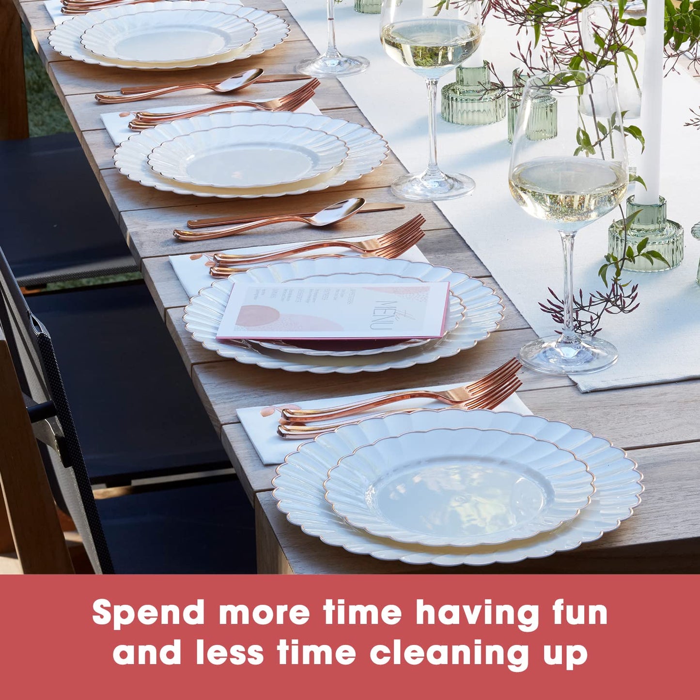 By Madee HEAVYWEIGHT 175 Pc Fancy Disposable Dinnerware Set | Ivory Rose Gold Scalloped Plates and Napkins, Cutlery Elegant Disposable Plates Set for Wedding, Bridal Shower, Baby Shower (25 Guests)