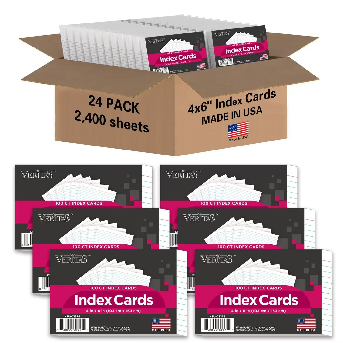 WritePads Index Cards Bulk, 2400 Flash Cards (24 Packs of 100), Wide Ruled Notecard, Blank Back Note Cards, Lined Flashcards for Studying School Home and Office, Made in USA (4x6)