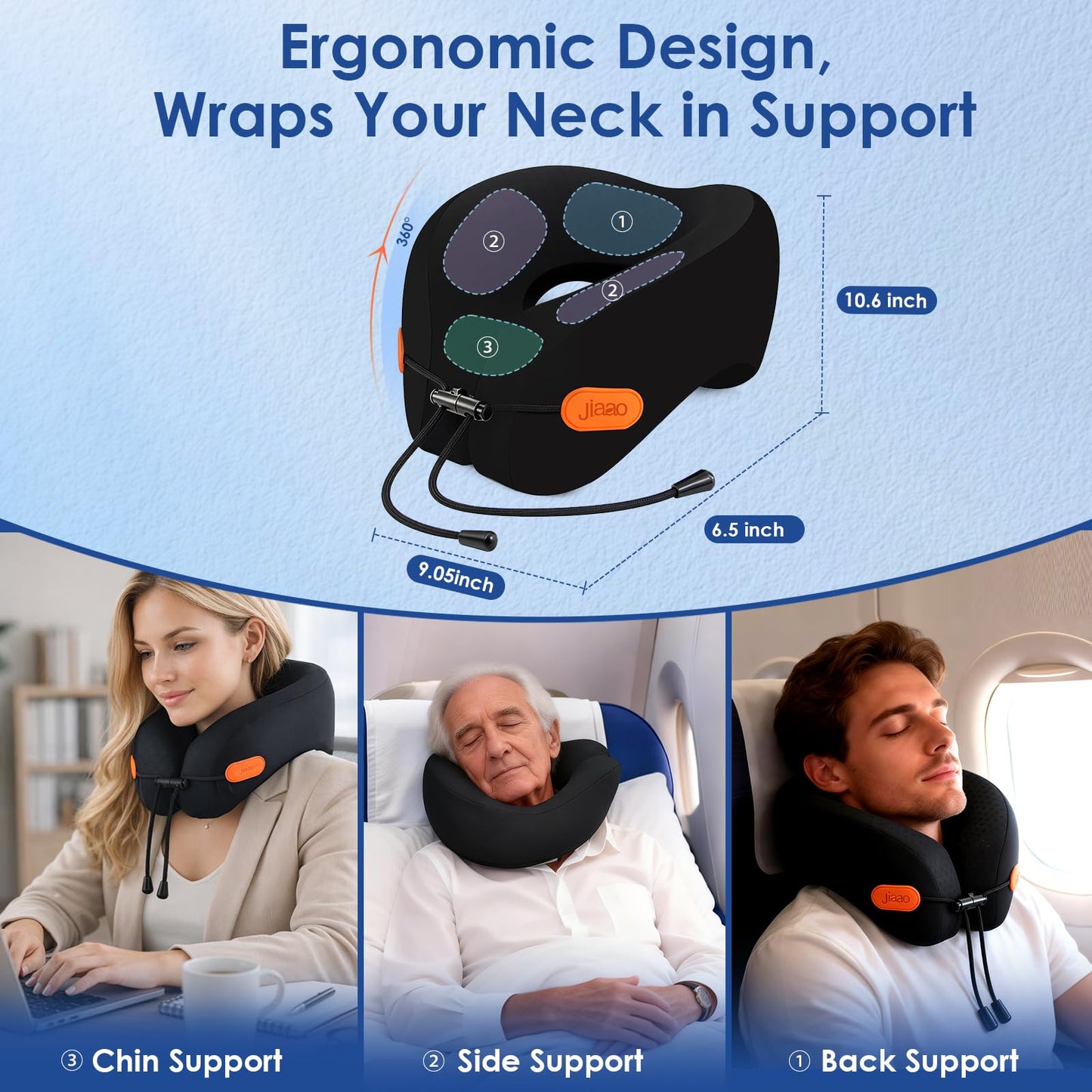 jiaao Travel Pillow Memory Foam Neck Pillow for Airplanes with Adjustable Neck Support, Includes Eye Mask, Earplugs & Storage Bag - Perfect for Flights, Road Trips, and Trains