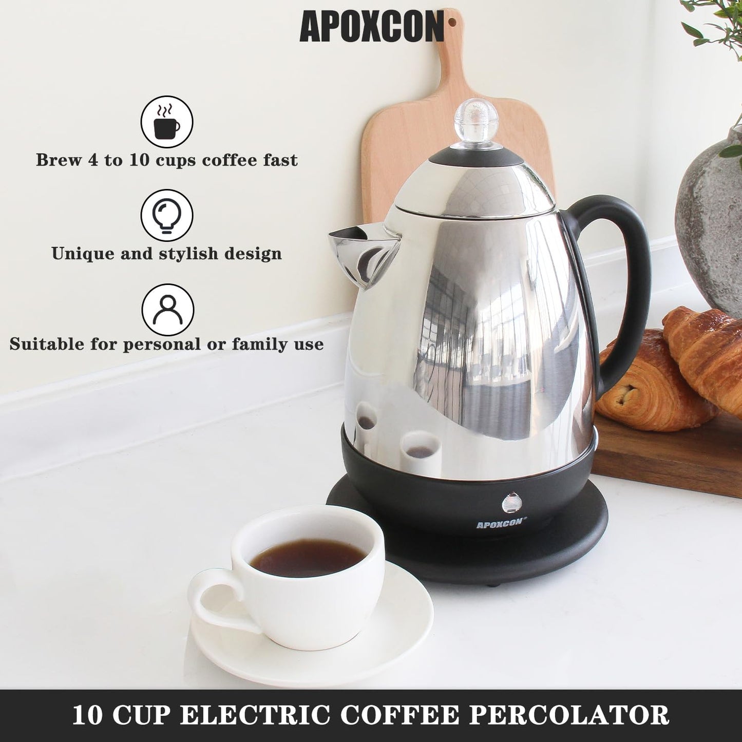 APOXCON Electric Coffee Percolator, Stainless Steel, with Clear Brew Progress Knob, No-Drip Spout, Auto Keep Warm, Cordless Serving, 10 Cup, Silver