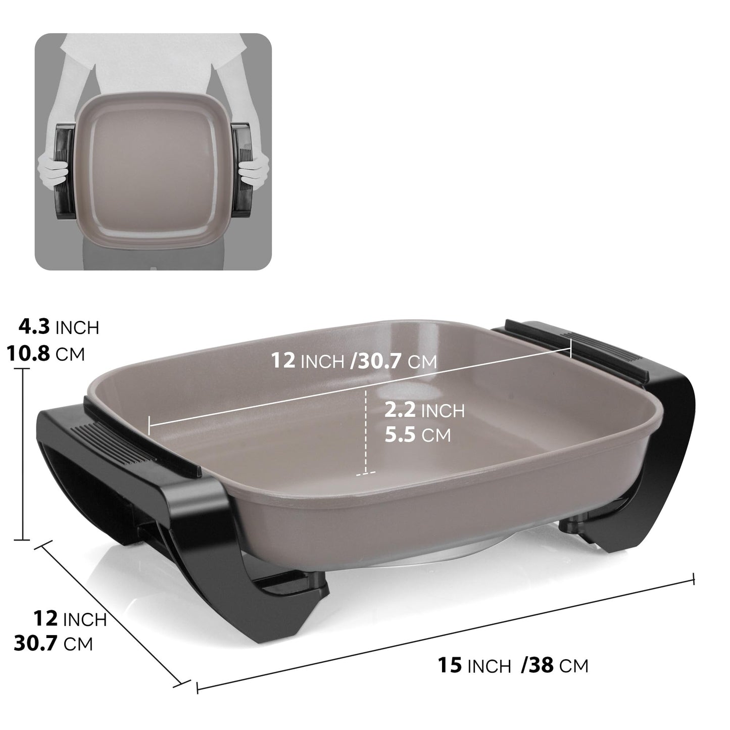 FineMade 12-inch Family Size Electric Skillet with Lid, Ceramic Skillet Electric, Square Skillet, Non Stick Electric Skillet Griddle Pan, PFAS-Free Temperature Control, 1500W, 6 QT, Gray