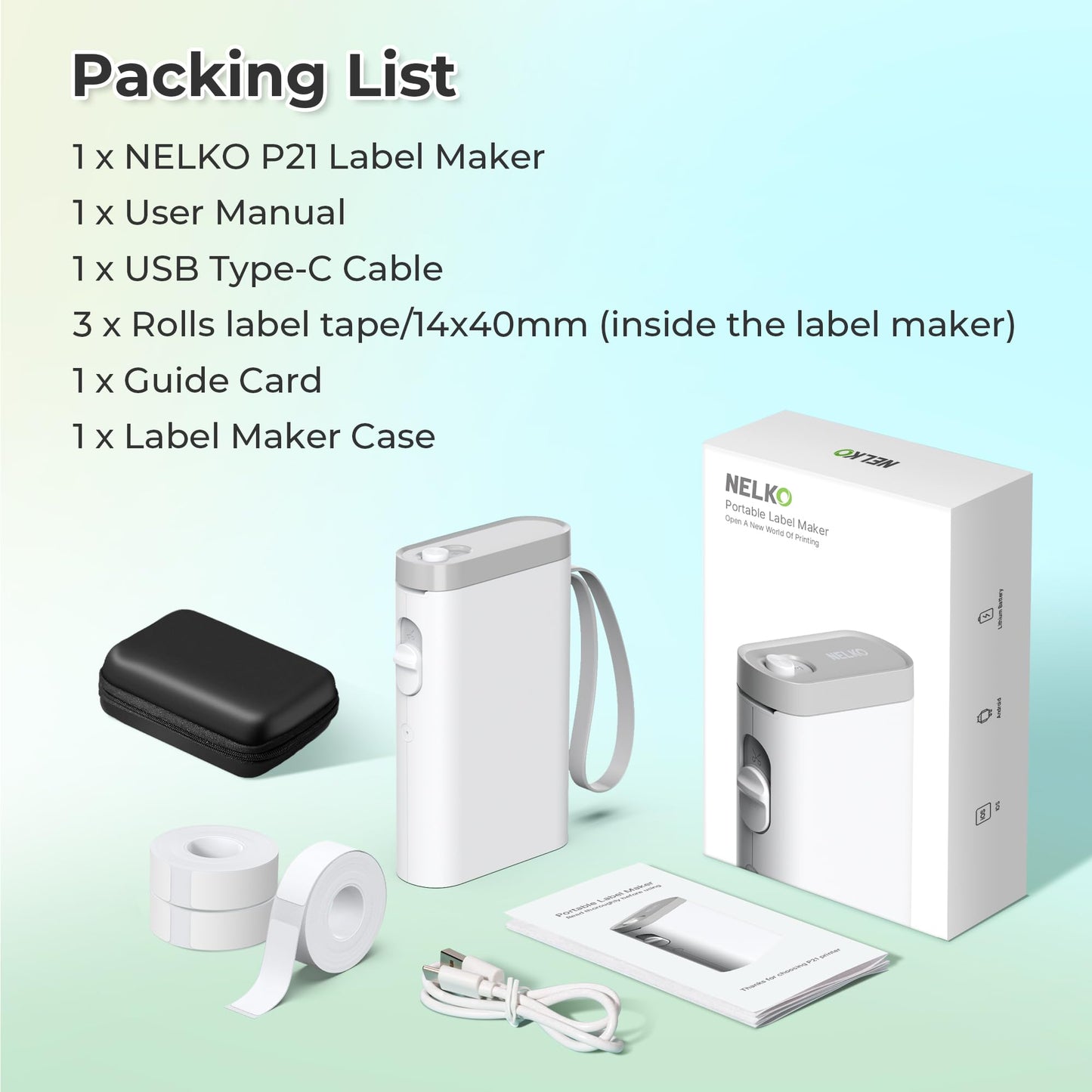Nelko Label Maker Machine with Tape, P21 Bluetooth Label Printer with 3 Tapes & Case, Wireless Mini Label Makers with Multiple Templates Icon Font Custom for School Office Home, White