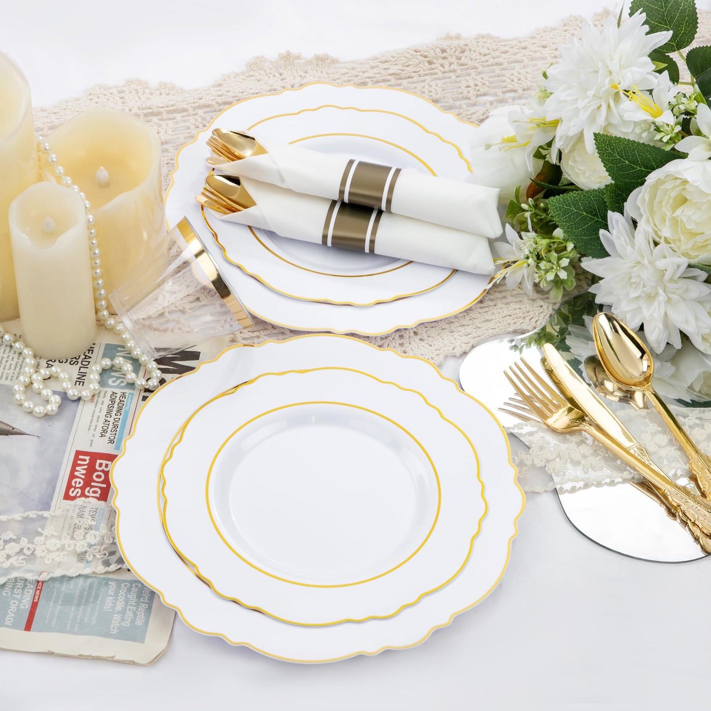 Liacere 350PCS Gold Plastic Plates-Disposable White and Gold Plates 50guest Baroque Plastic Dinnerware include 100Plates, 50Pack Pre Rolled Napkins with Silverware 50Cups for Wedding & Mothers Day