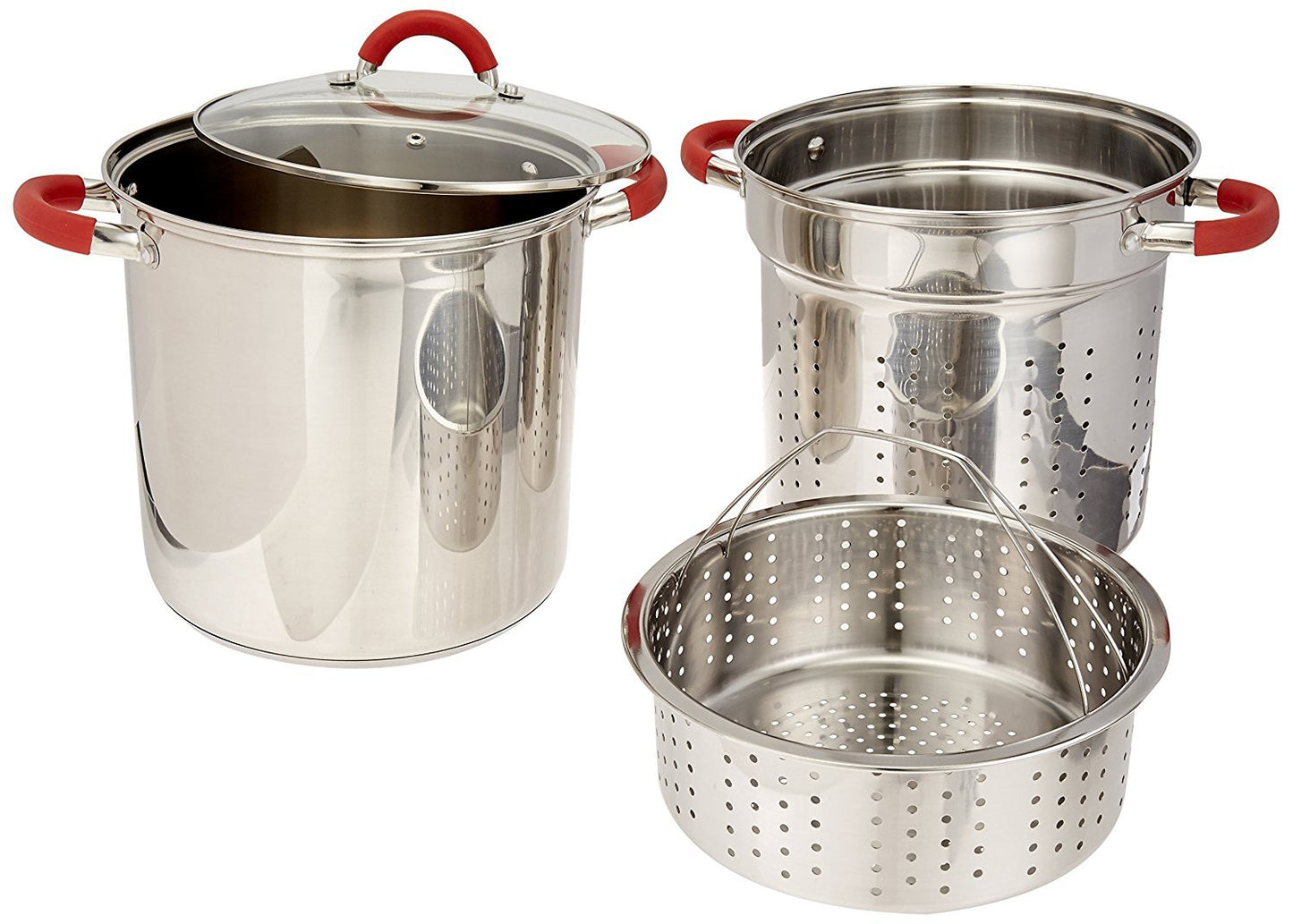 ExcelSteel 8 Qt Multifunction Stainless Steel Pasta Cooker with Encapsulated Base, Vented Glass Lid, and Riveted Silicone Covered Handles