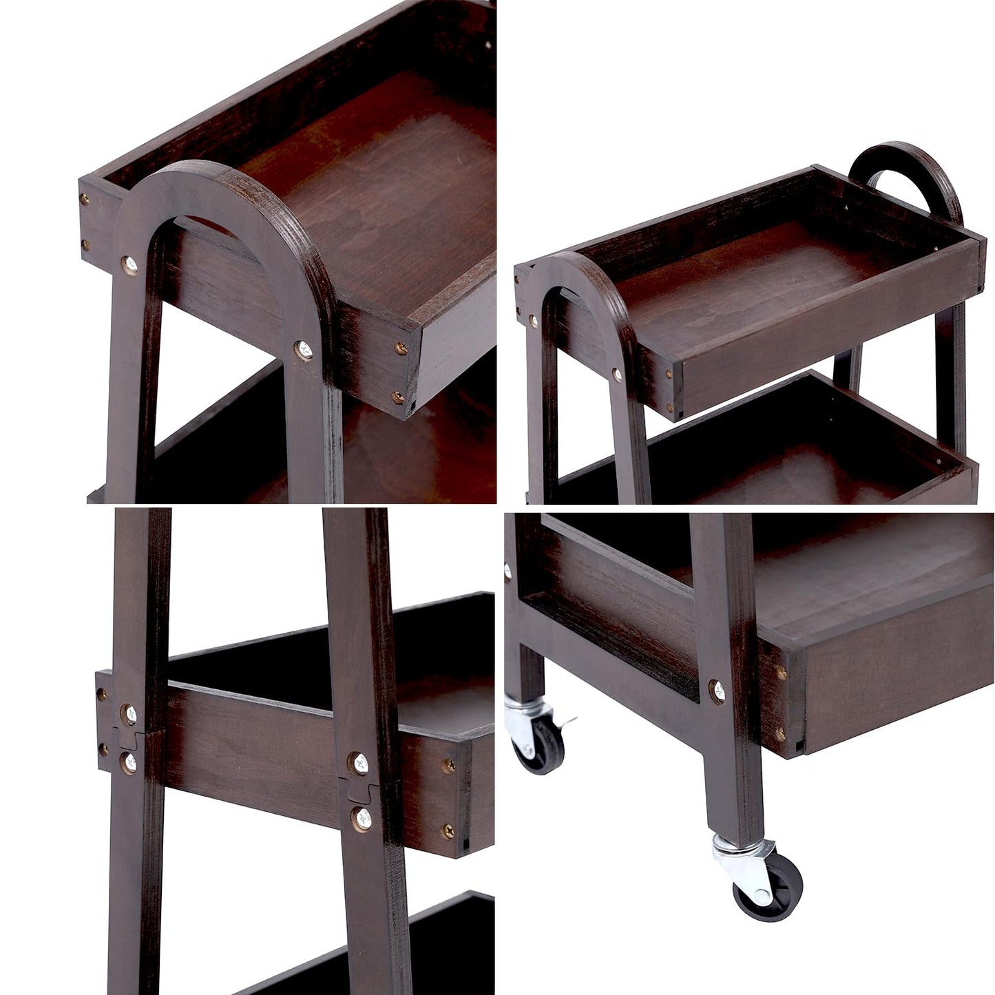 Kersiki 3-Tier Wooden Rolling Cart- Wooden Utility Cart wit Wheels- Utility Rolling Cart-Storage Trolley Organizer- Rolling Kitchen Cart Serving Cart for Office,Kitchen, Kids' Room (Walnut Color)