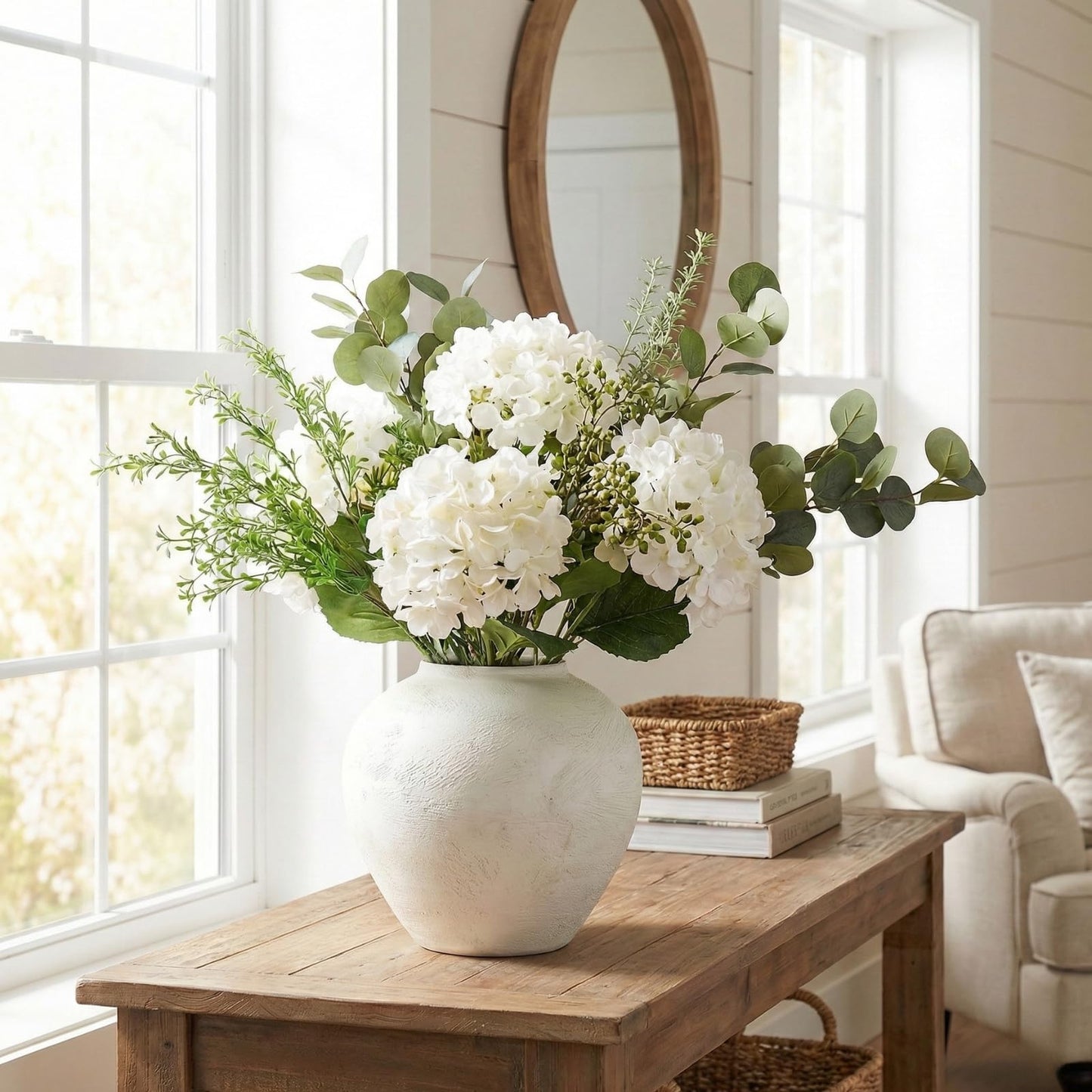 Faux Arrangement - Eucalyptus & White Hydrangea Flowers, Large Artificial Floral Greenery Centerpieces for Tables, Modern Farmhouse Decor for Dining Room, Kitchen & Coffee Table, 30 inches Tall
