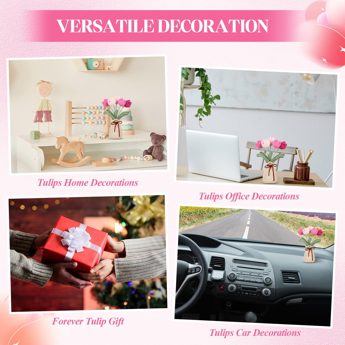 Marsui Crochet Knitting Tulip Bouquet with Vase 7" Knitted Artificial Forever Tulip Handmade Woven Flower with Exquisite Pot Gift for Father's Gifts Back to School Gift Family Home Desk Decor(Pink)