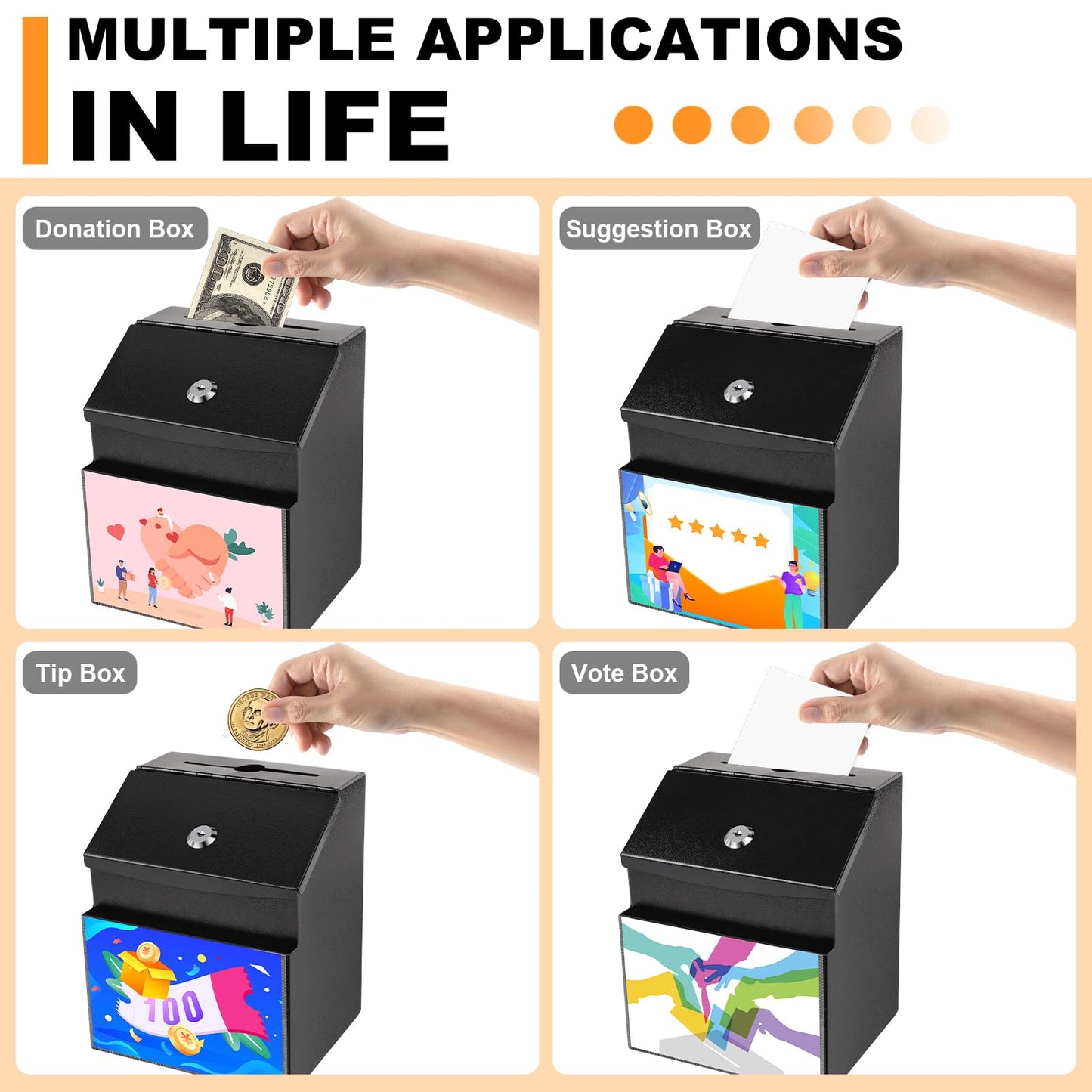 LINSIRON Suggestion Box with Magnetic Sign Holder, 2 Pack Metal Wall Mounted Ballot and 50 Free Suggestion Cards,Donation Boxes for Fundraising with 2 Keys 8.4 x 5.8 x 7.0 inch,Black