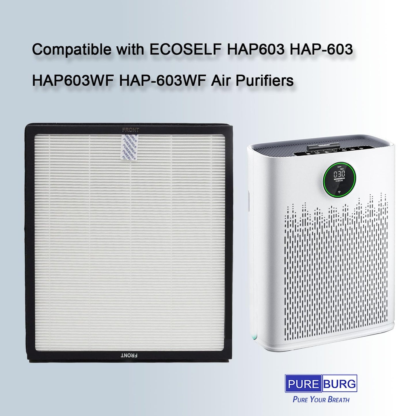 PUREBURG Replacement Filter Compatible with ECOSELF HAP603 Air Purifiers, H13 True HEPA and Activated Carbon Multi-Layer Filtration, Pack of 4