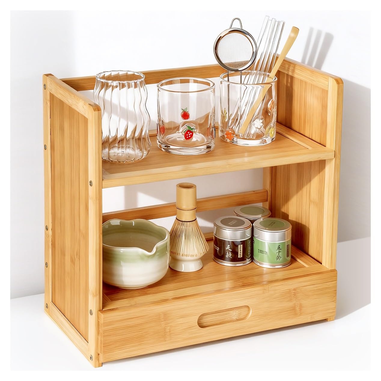 AIEVE Matcha Station Organizer, 2-Tier Bamboo Shelf with Hidden Drawer, Coffee Station Organizer Mug Holder Shelf for Matcha Whisk Set Bowl Cup Scoop Sifter