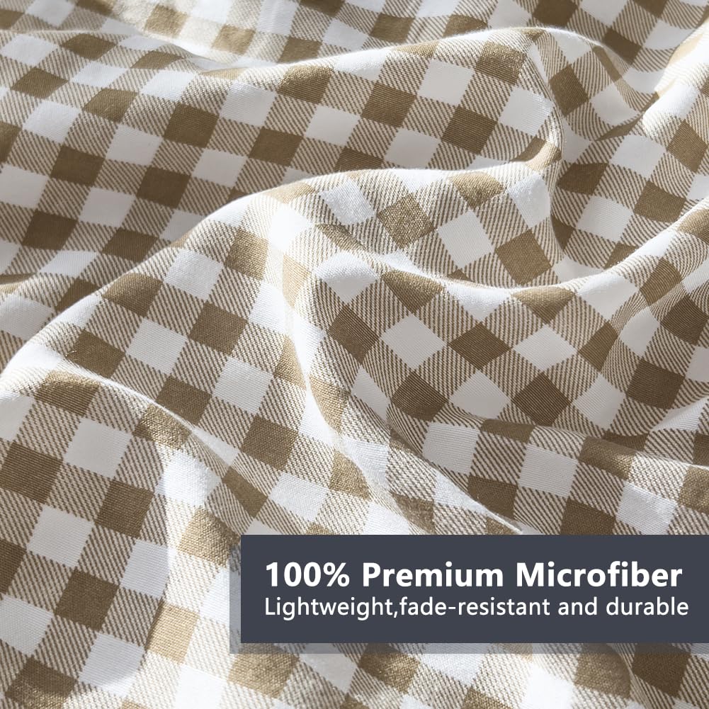 NSNLGSGC Queen Comforter Set, Tan Gingham Bedding Comforter Sets, Brown Grid Bed Comforter 3 Pieces (1 Comforter, 2 Pillowcases)