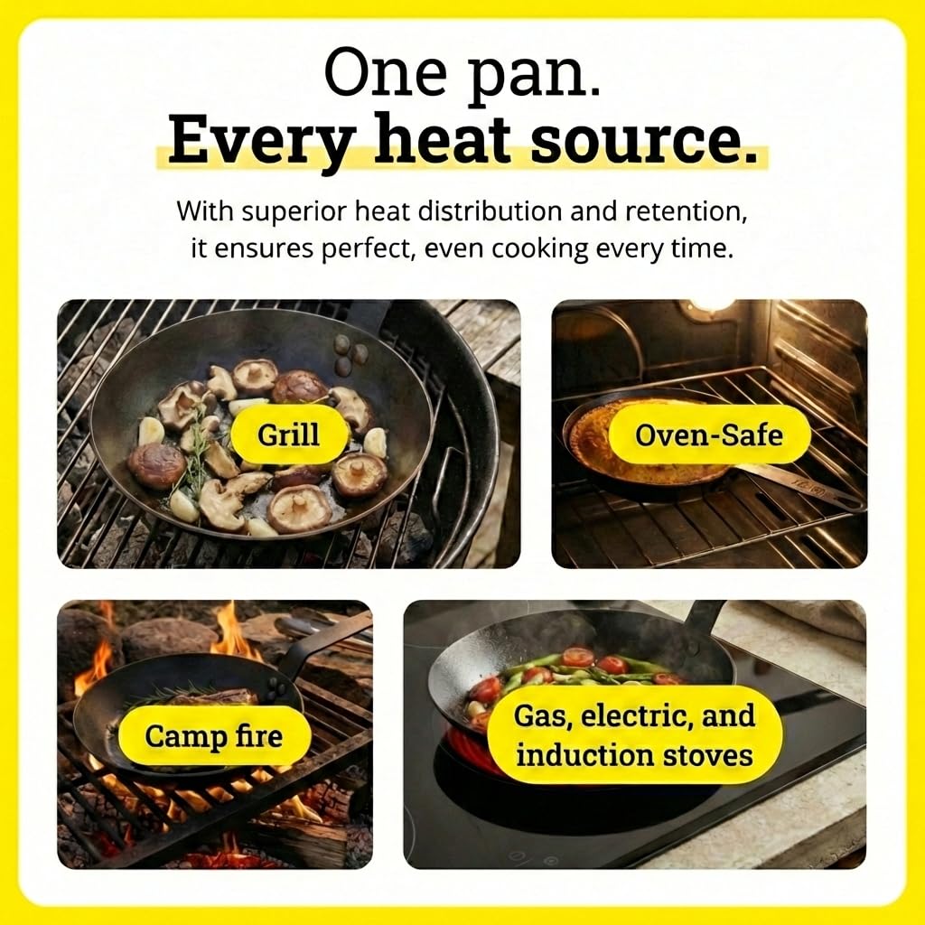 Lodge 10 Inch Carbon Steel Skillet - PFAS-Free Pre-Seasoned Carbon Steel Frying Pan for High-Heat Searing - Long Handle Design for Omelets, Grilling, and Campfire Cooking - Made in the USA