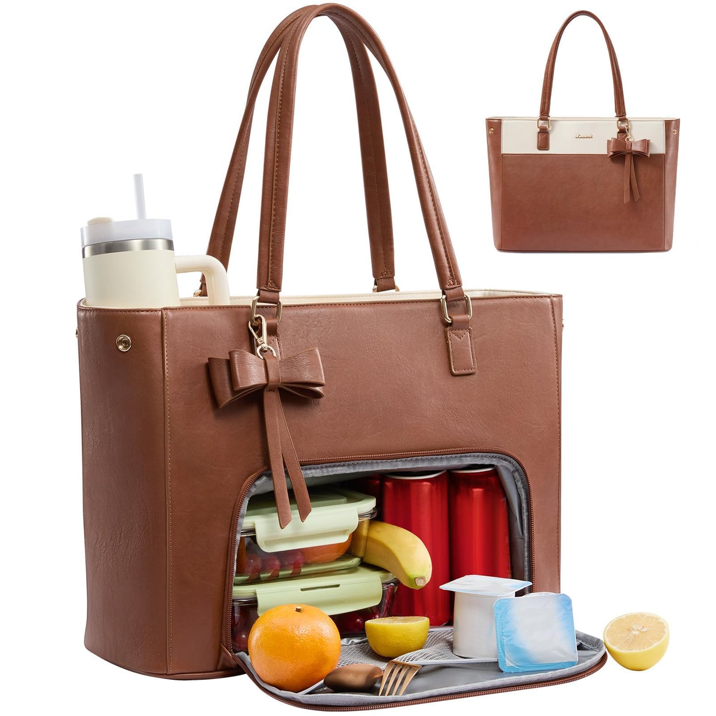 LOVEVOOK Work Tote Bag with Lunch Compartment, 3 in 1 Laptop Tote Bag for Women with Giant Tumbler Holder for Teacher, Nurse, Travel, Office, Daily