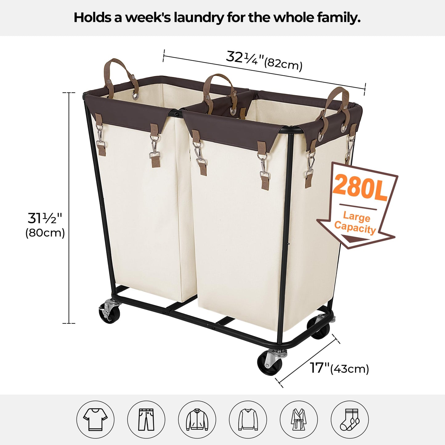 StorageWorks 280L Large Laundry Hamper with Wheels, Laundry Basket with Wheels 2 Sections, Clothes Sorter Cart with Divider for Hotel, Home, Beige, 1-Pack